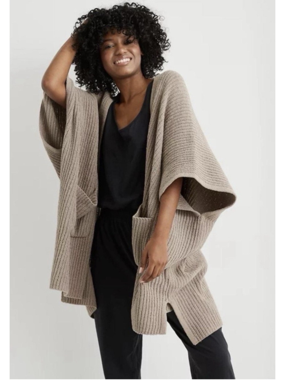 Aerie Cable Knit Open Front Hood Cardigan Poncho XS/S Oversize Tan Boho Coastal